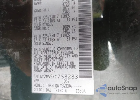 2019 Nissan Rogue Sv from USA, damaged, VIN 5N1AT2MV9KC758283